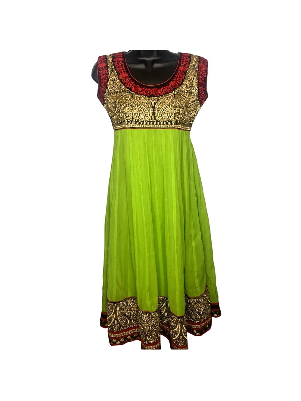 Sleeveless Lime Green Anarkali Dress Intricate Gold and Red Embroidery